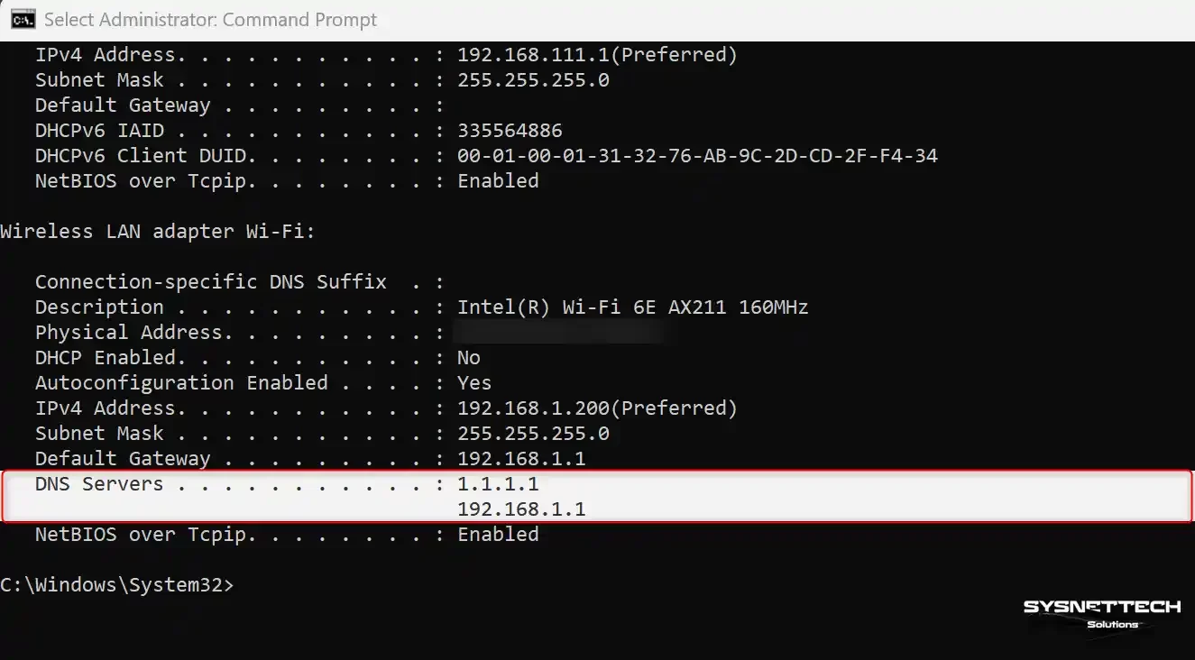 'ipconfig /all' komutuyla mevcut DNS adreslerini görüntüleme