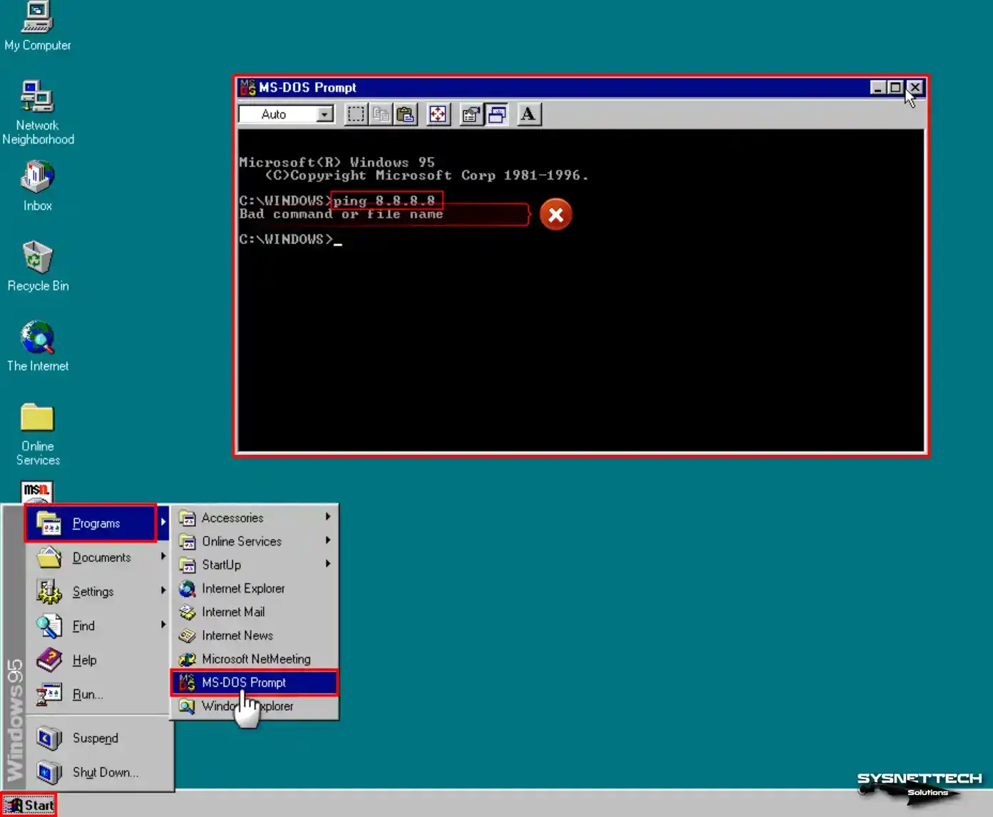 Windows 95 Üzerinden MS-DOS Prompt ile Google'a Ping Atma
