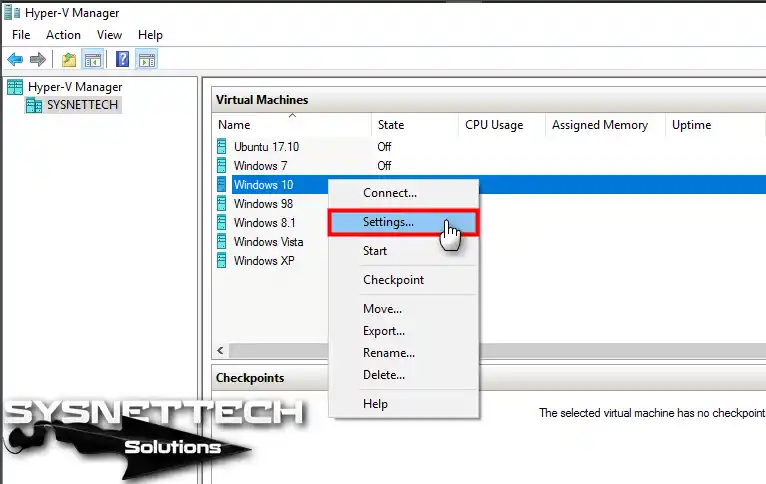 Opening Windows 10 Virtual Computer Settings