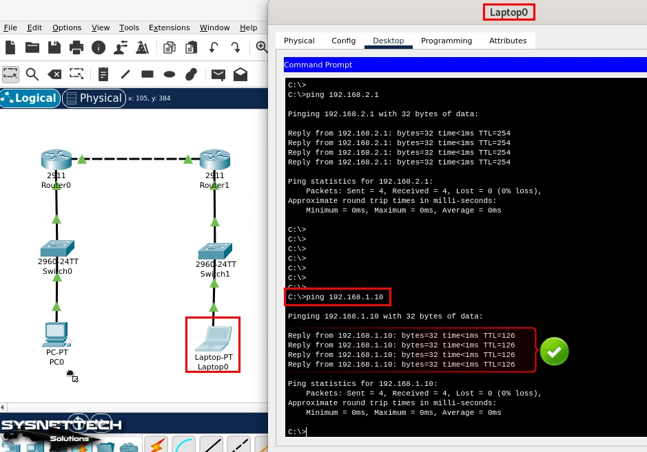 Laptop'tan PC0'a Ping Atma Başarılı