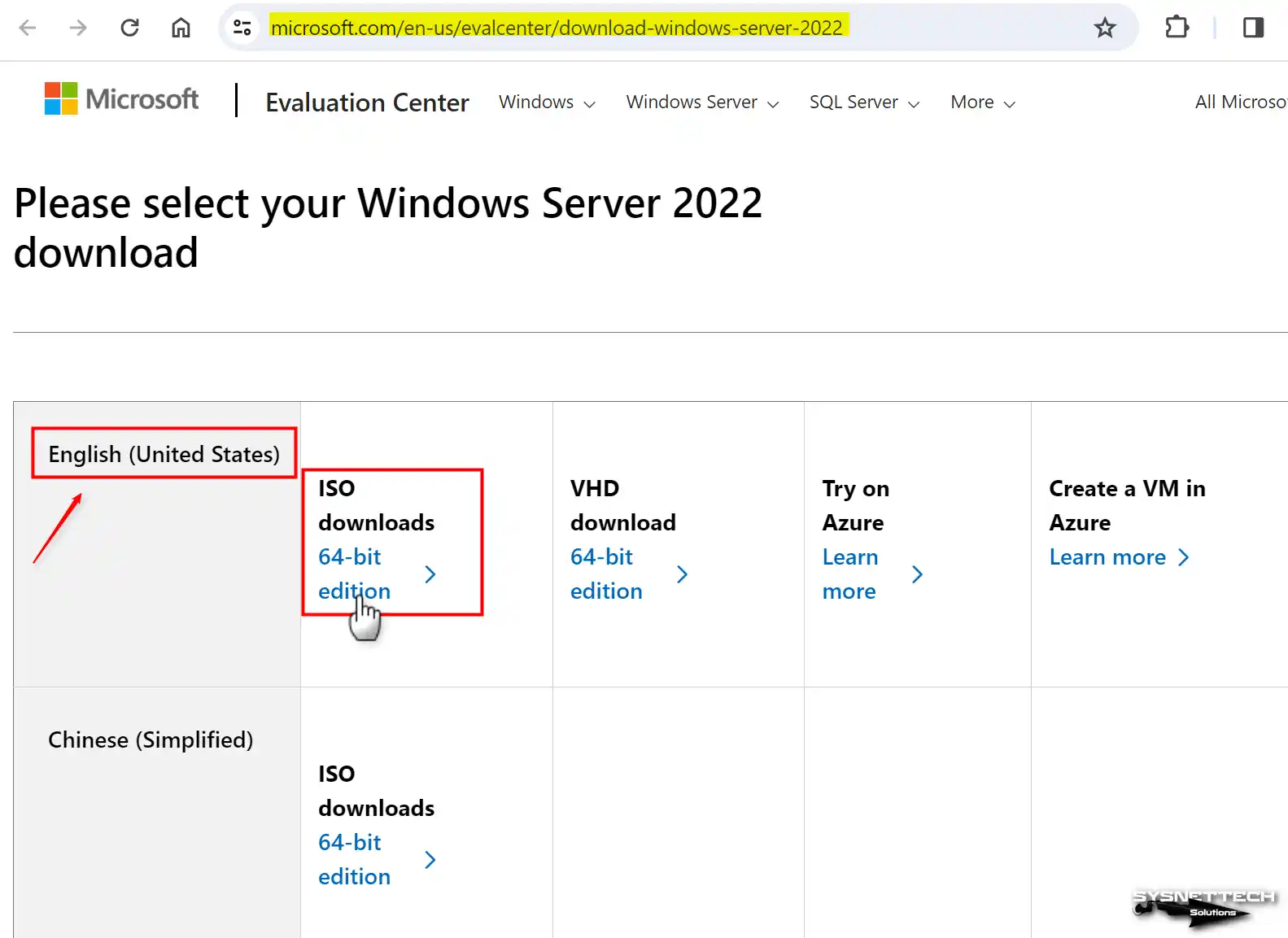 Windows Server ISO File Download Webpage from Microsoft