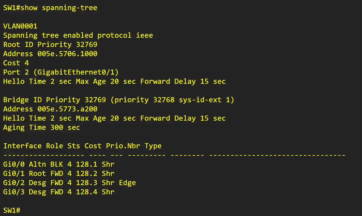 SW1'de show spanning-tree komutunu çalıştırma