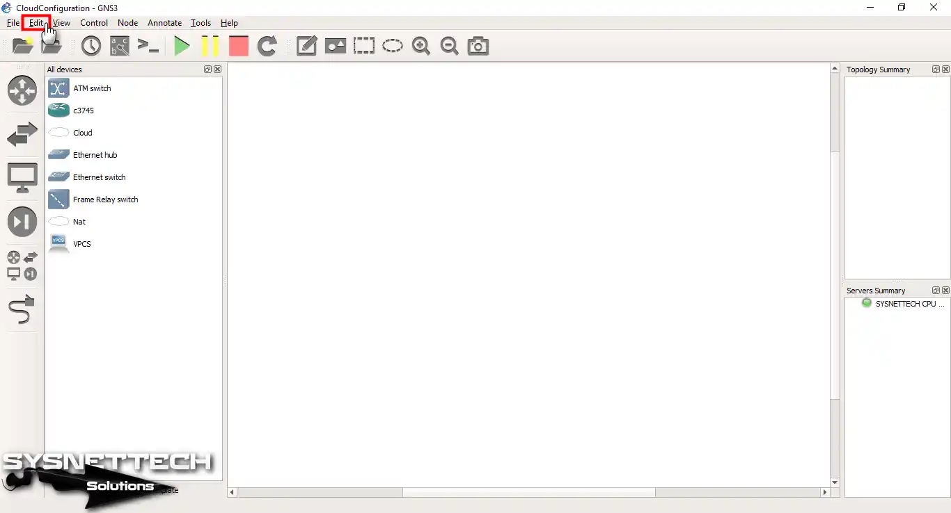 GNS3 Edit Menüsüne Tıklama