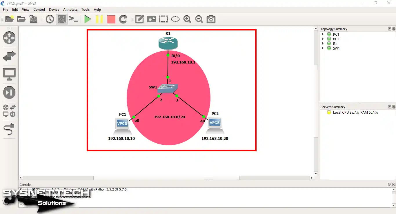 One Cisco Router and Two Virtual PC Simulators Connected to a Switch