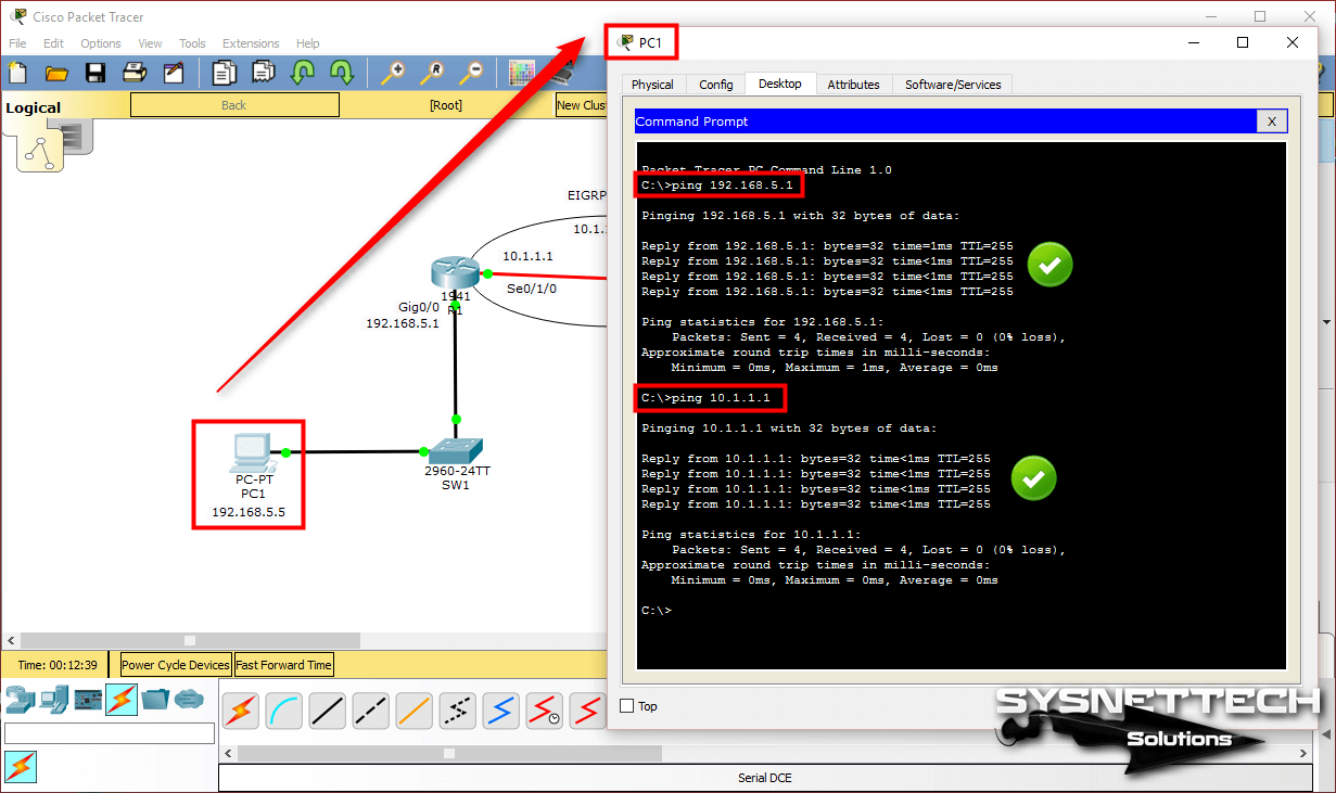 PC1'den R1'in GigabitEthernet ve Serial Arayüzlerine Ping Atma