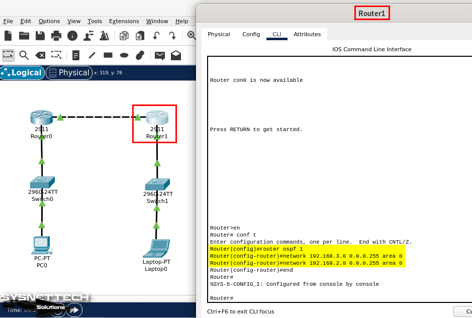 Router1'de OSPF Etkinleştirme