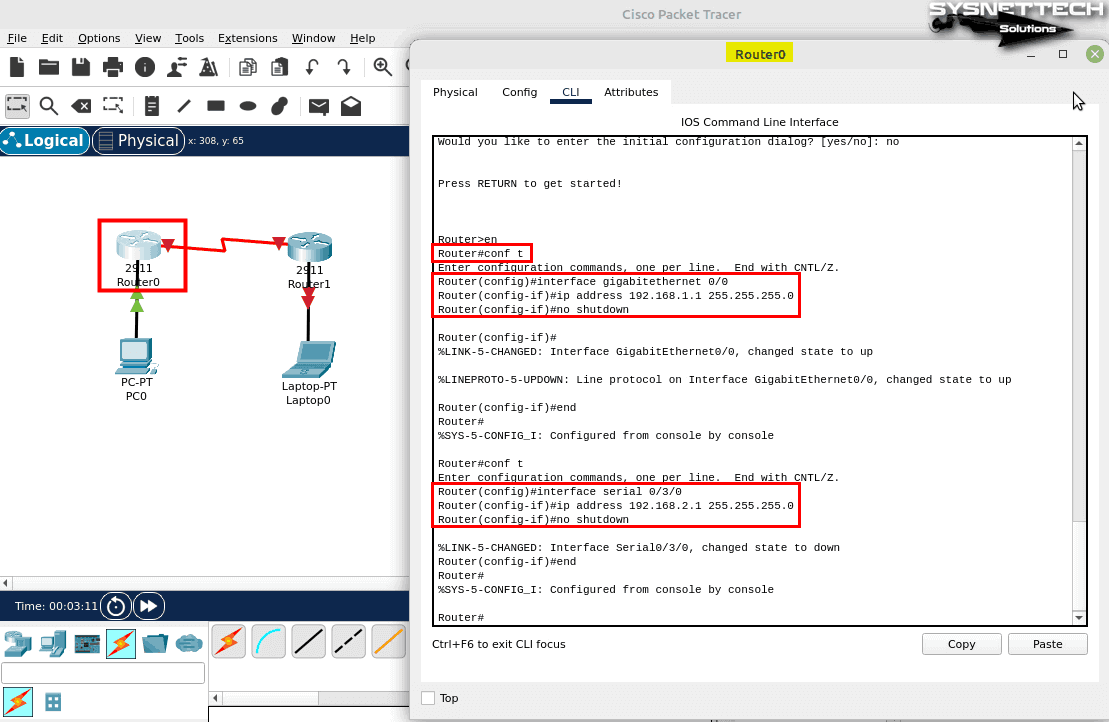Router R0'ın GigabitEthernet ve Serial Arayüzlerine IP Adresi Atama