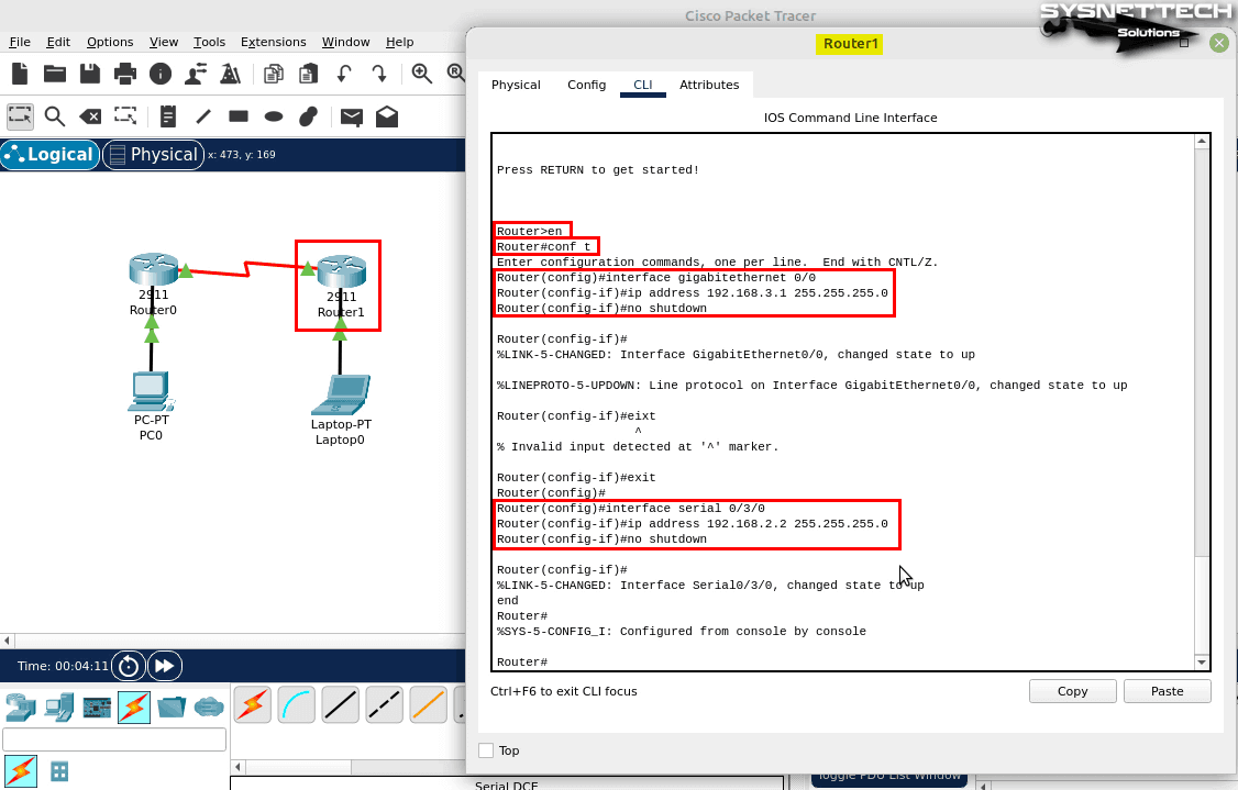 Router R1'in GigabitEthernet ve Serial Arayüzlerine IP Adresi Atama