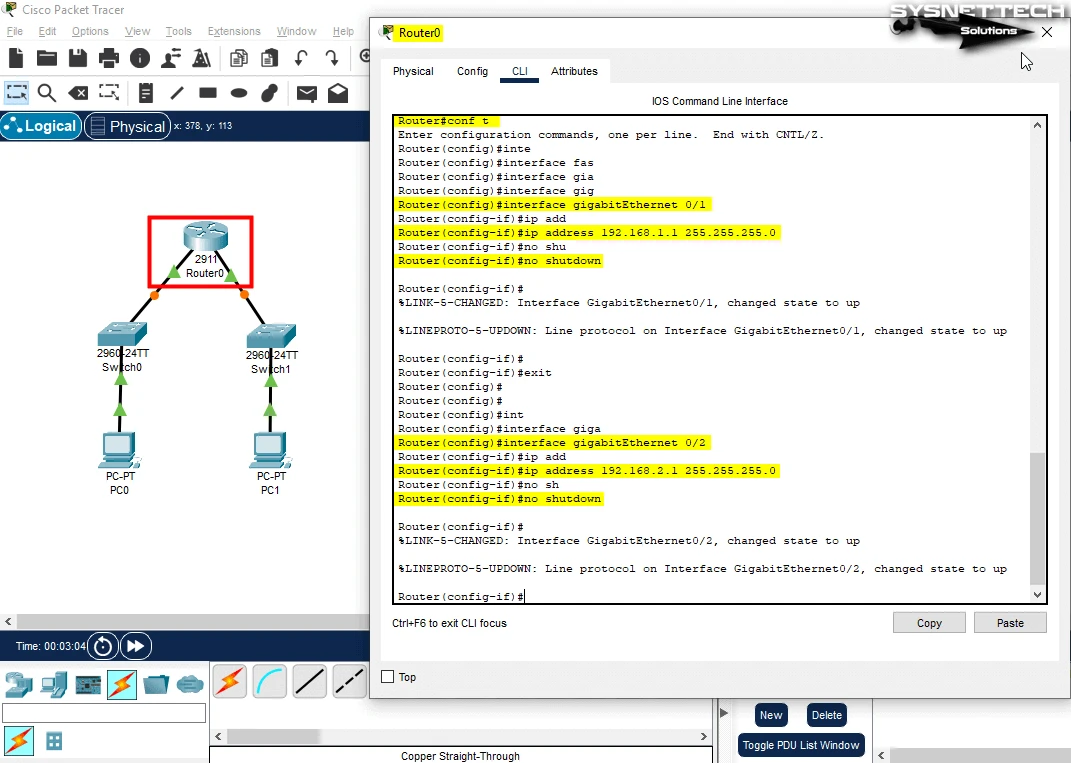 Router'ın GigabitEthernet0/1 ve GigabitEthernet0/2 Arayüzlerine IP Adresi Atama