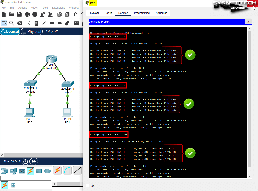 Pinging Interfaces of Router from PC1 and Testing Network Connection of PC0 in Other Network