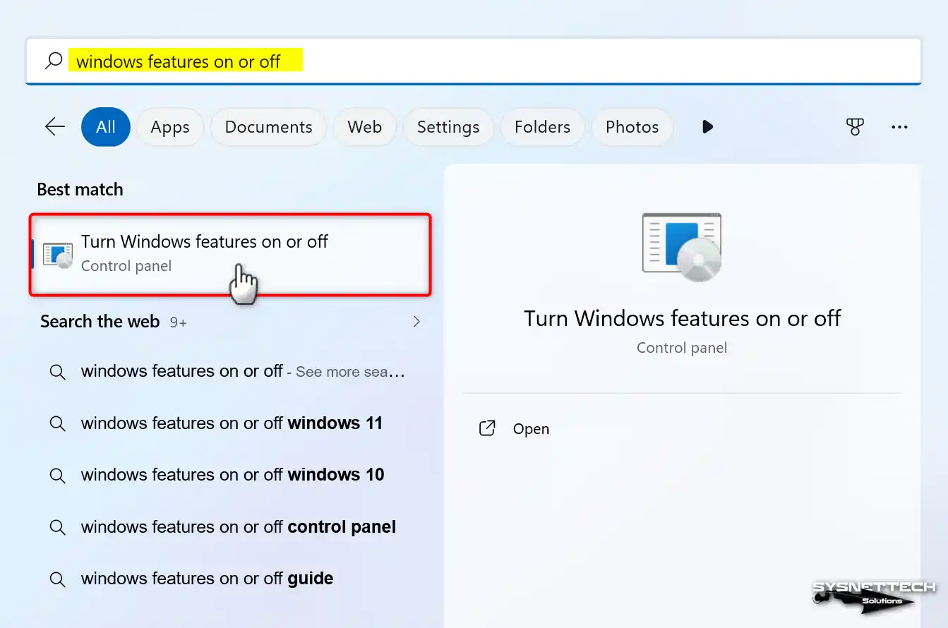 Finding Turn Windows Features On or Off from the search bar