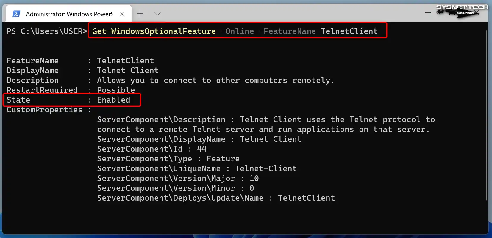 Check with Get-WindowsOptionalFeature -Online -FeatureName TelnetClient