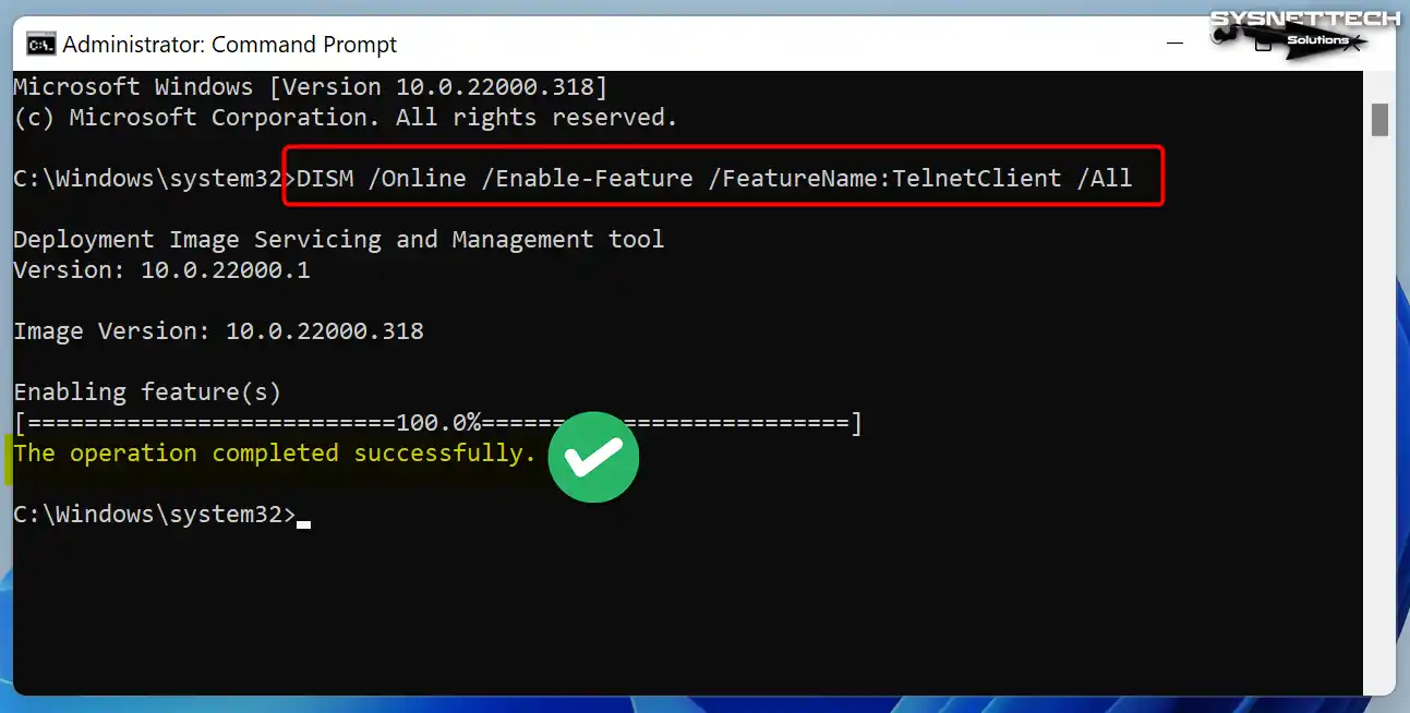Turning on telnet with the DISM tool
