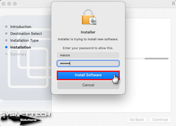 Type the macOS User Account Password and Confirm to Install the Software
