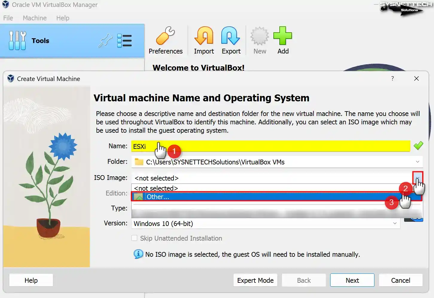 Typing Virtual Server Name and Adding ISO Image