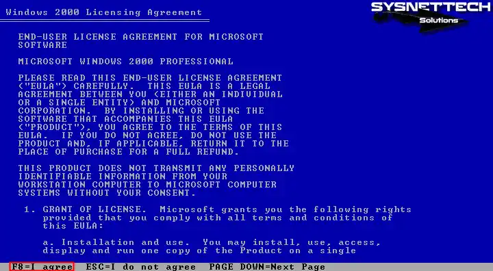 Accepting the Windows 2000 Professional License Agreement