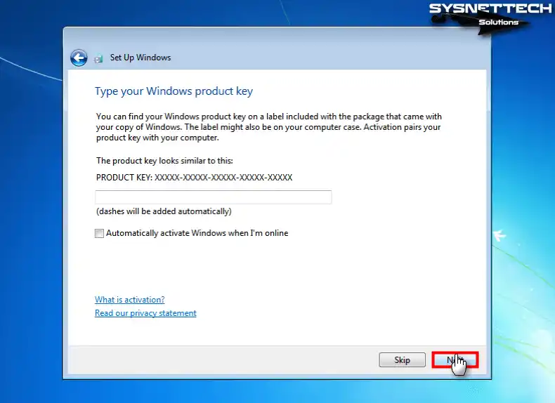 Typing the Windows 7 Product Key