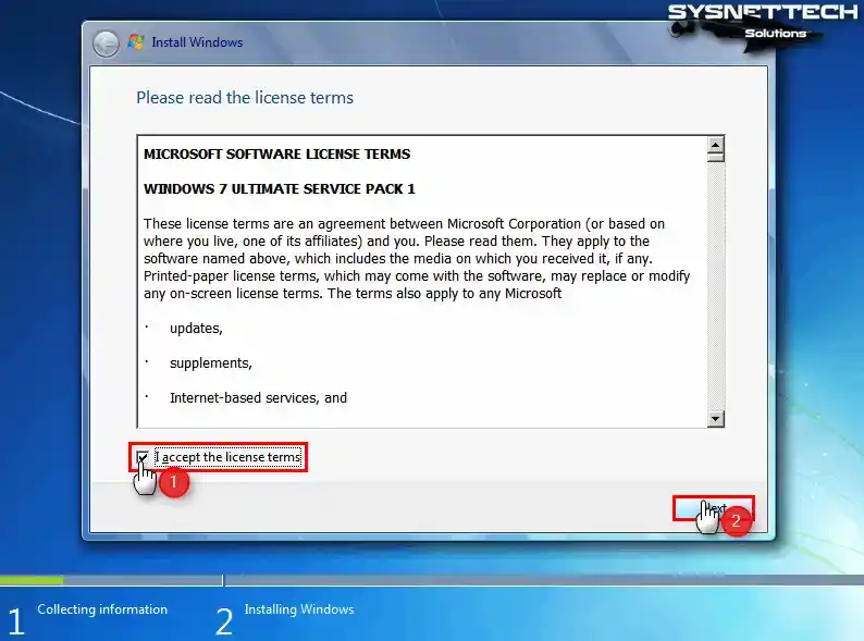 Accepting the Windows 7 Ultimate Service Pack 1 License Agreement