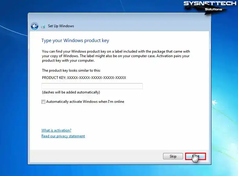 Typing the Windows License Key