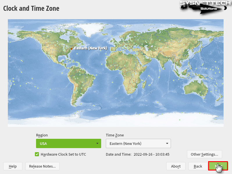 Selecting the Clock and Time Zone