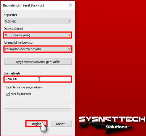 RamDisk'i Biçimlendirme