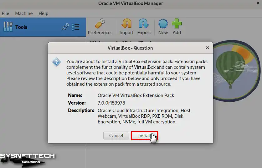 Confirming Installing Oracle VM VirtualBox Extension Pack