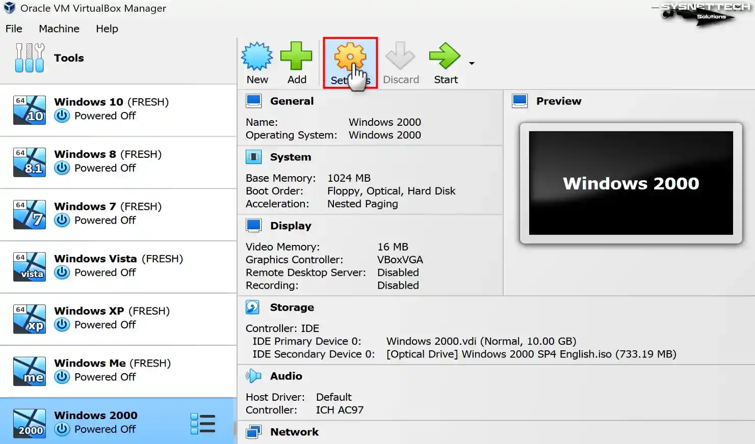 Opening Virtual PC Settings