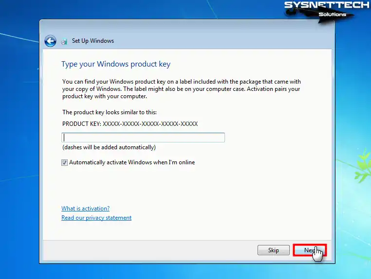 Entering the Windows 7 Product Key