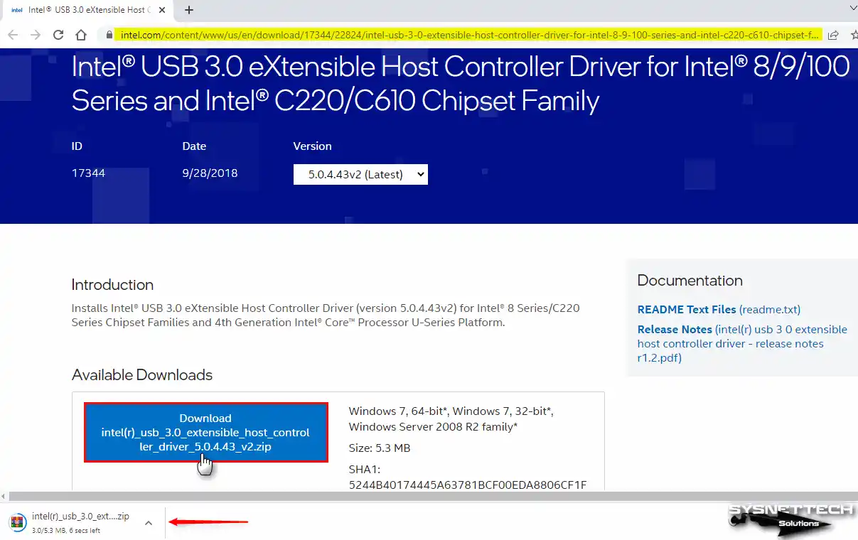 Downloading Intel USB 3.0 eXtensible Host Controller Driver