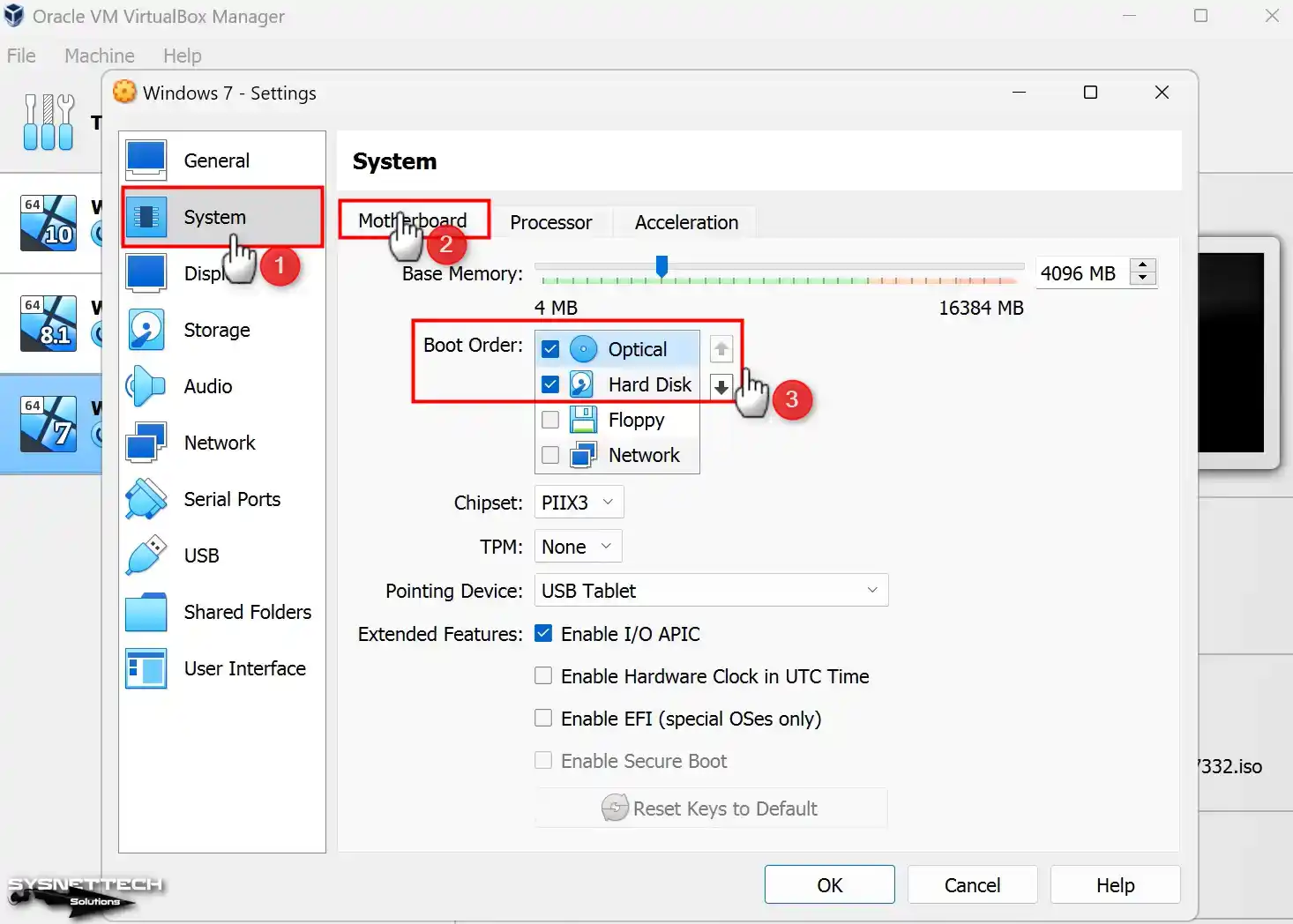 Changing the Boot Order in the Motherboard Settings of the VM