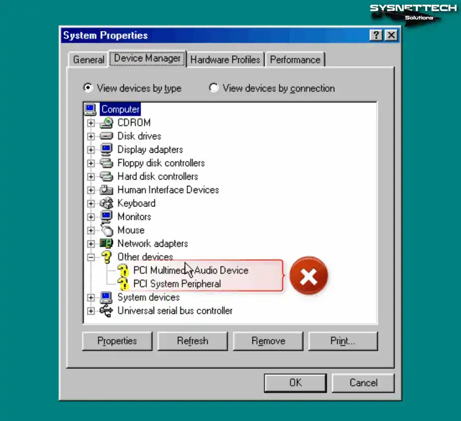 Viewing the Windows 98 Device Manager