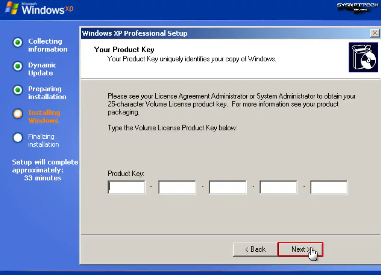 Entering the Windows XP Product Key