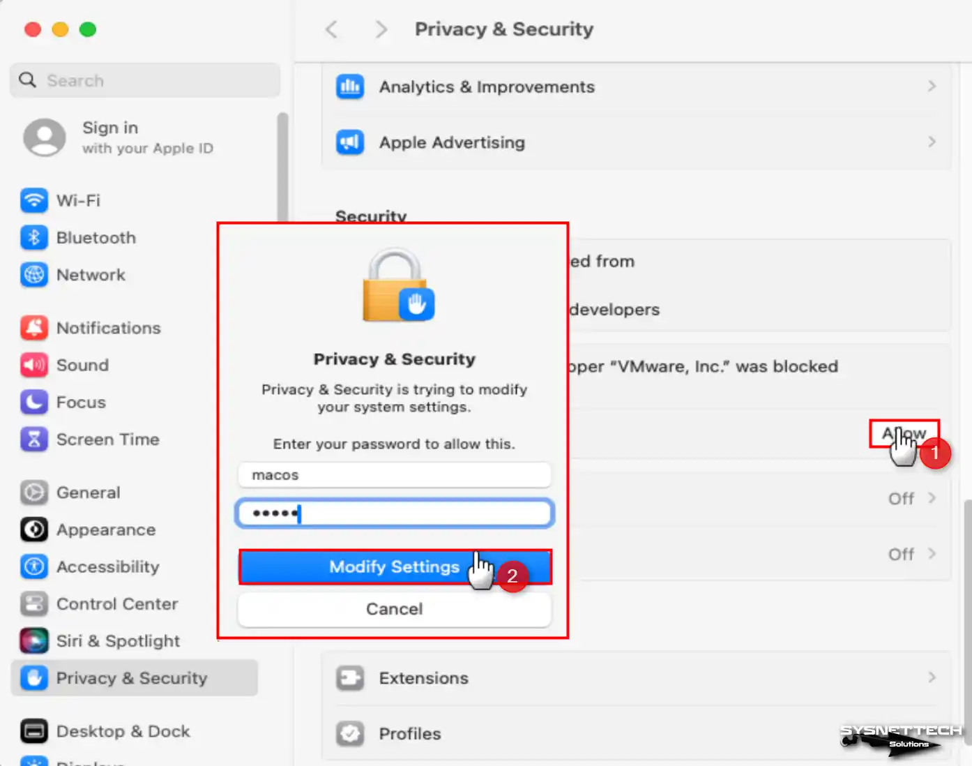 Unlock and Allow VMware Inc to Modify Security and Privacy Settings