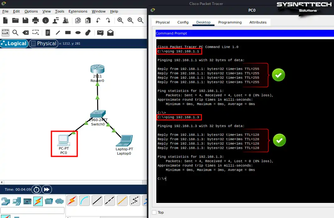 PC'den Router'a ve Laptop'a Ping Atma