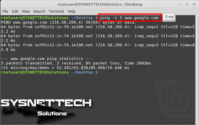ping -c 3 www.google.com command