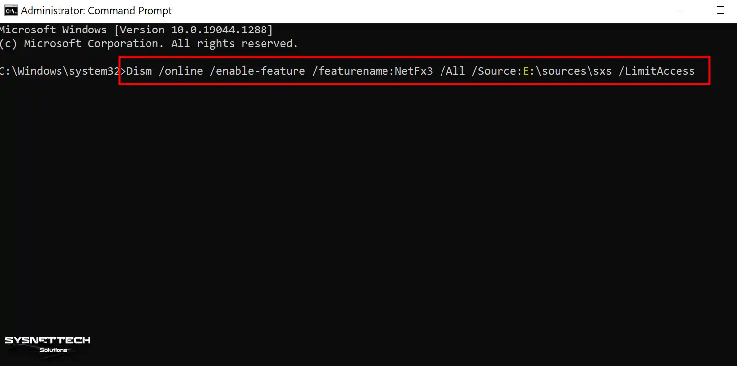 Dism /online /enable-feature /featurename:NetFx3 /All /Source:F:\sources\sxs /LimitAccess