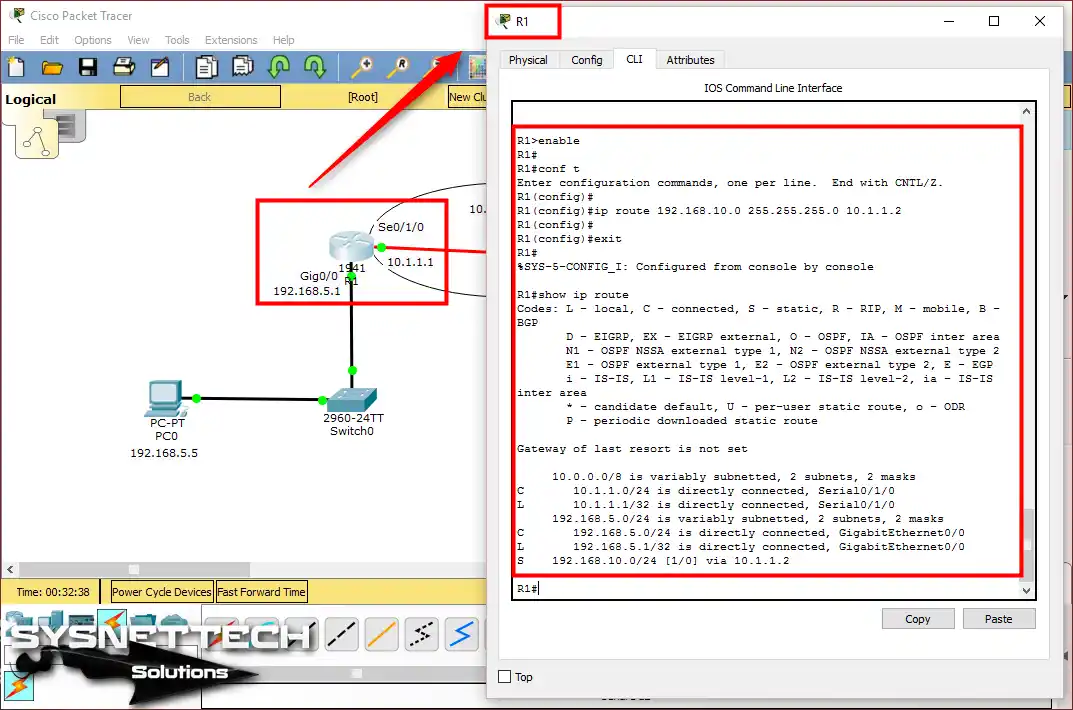 R1(config)#ip route 192.168.10.0 255.255.255.0 10.1.1.2