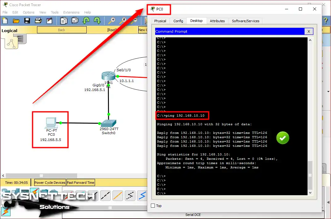 PC0'dan PC1'e Ping Testi