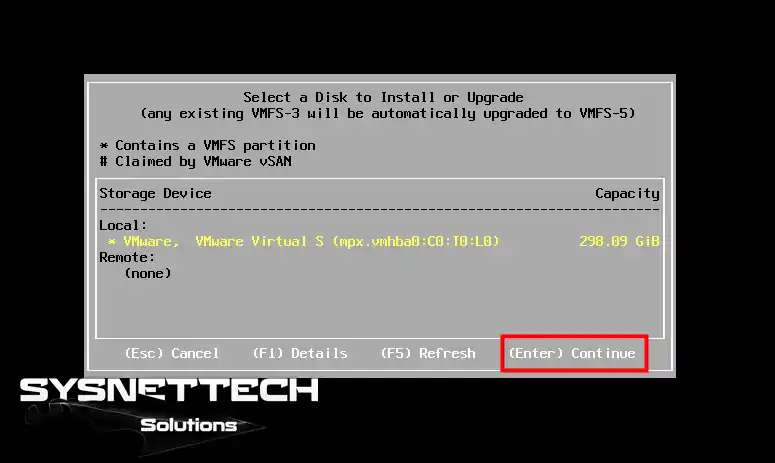Selecting a Disk to Install the ESXi