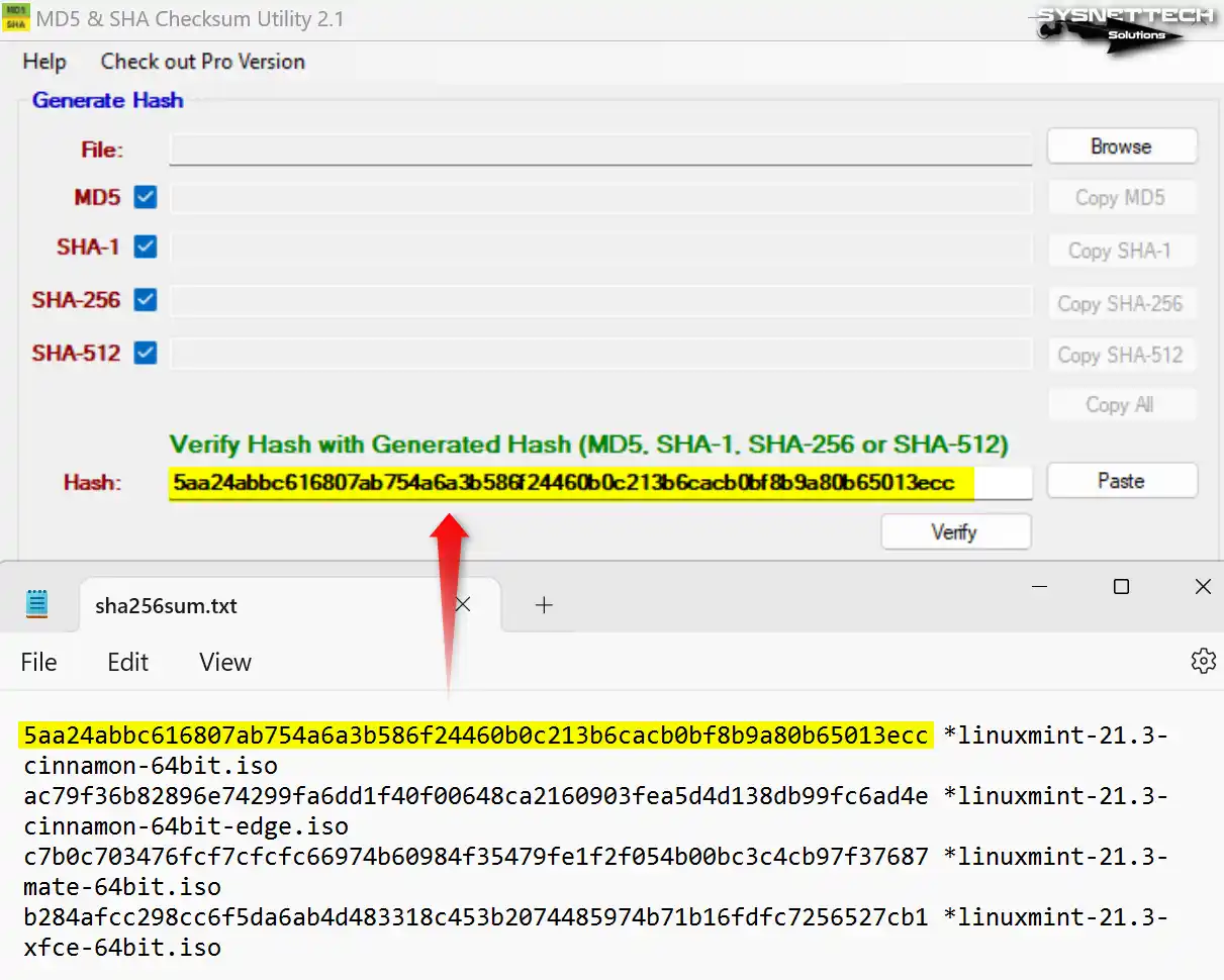 Linux Mint ISO Hash Değerini Sağlama Toplamı Aracına Kopyalama