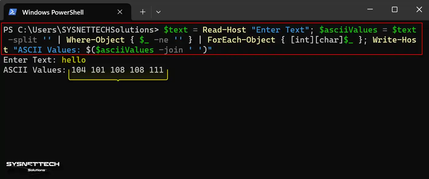 Finding the ASCII Code of a Text with Powershell
