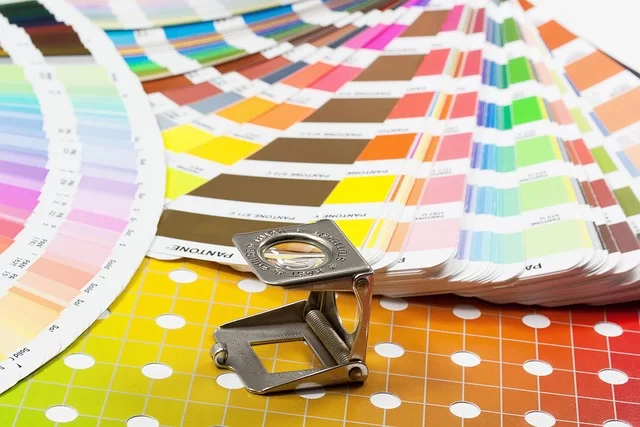 A color separation diagram showing CMYK color management, ICC profiles, FOGRA standards, and GCR/UCR processes