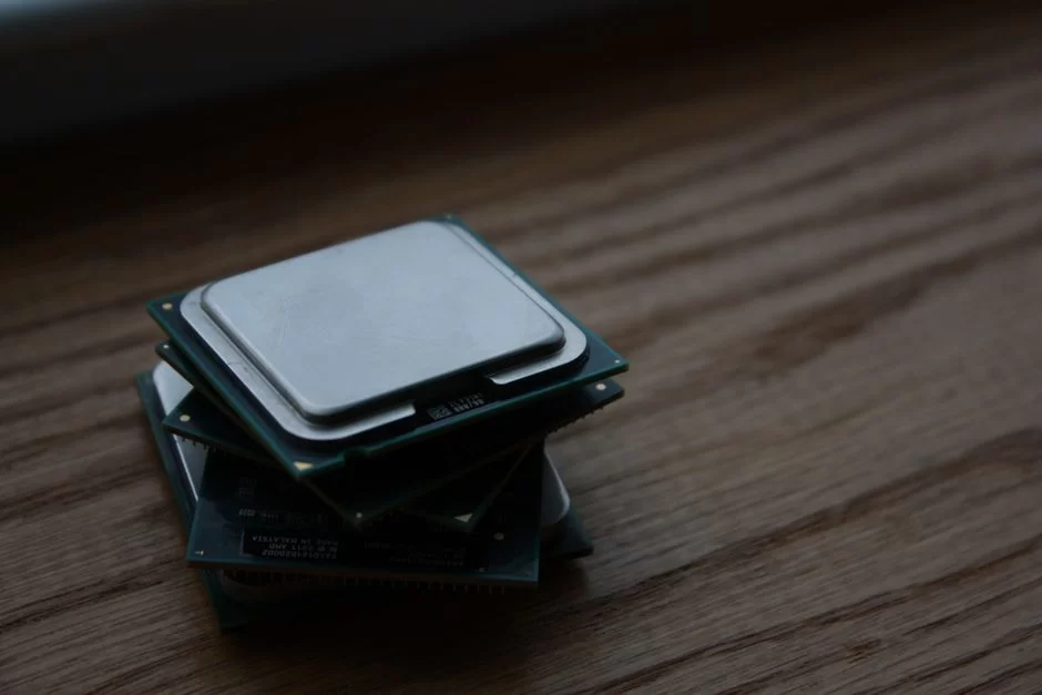 Desktop computer processors stacked on a table