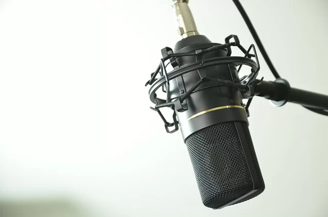 Profesyonel ses kaydı ve podcast için kullanılan bir mikrofon görseli