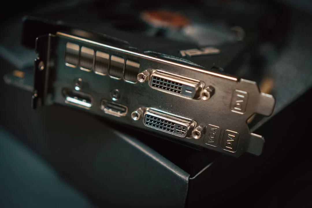 A close-up of the sockets on a graphics card with a DVI port