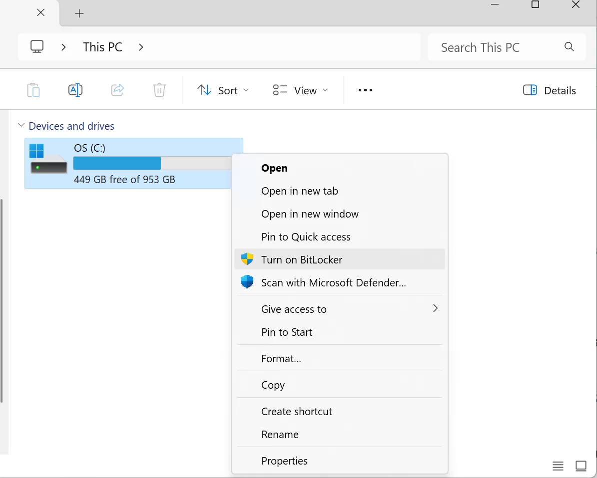 Windows 11 C sürücüsünde BitLocker özelliği