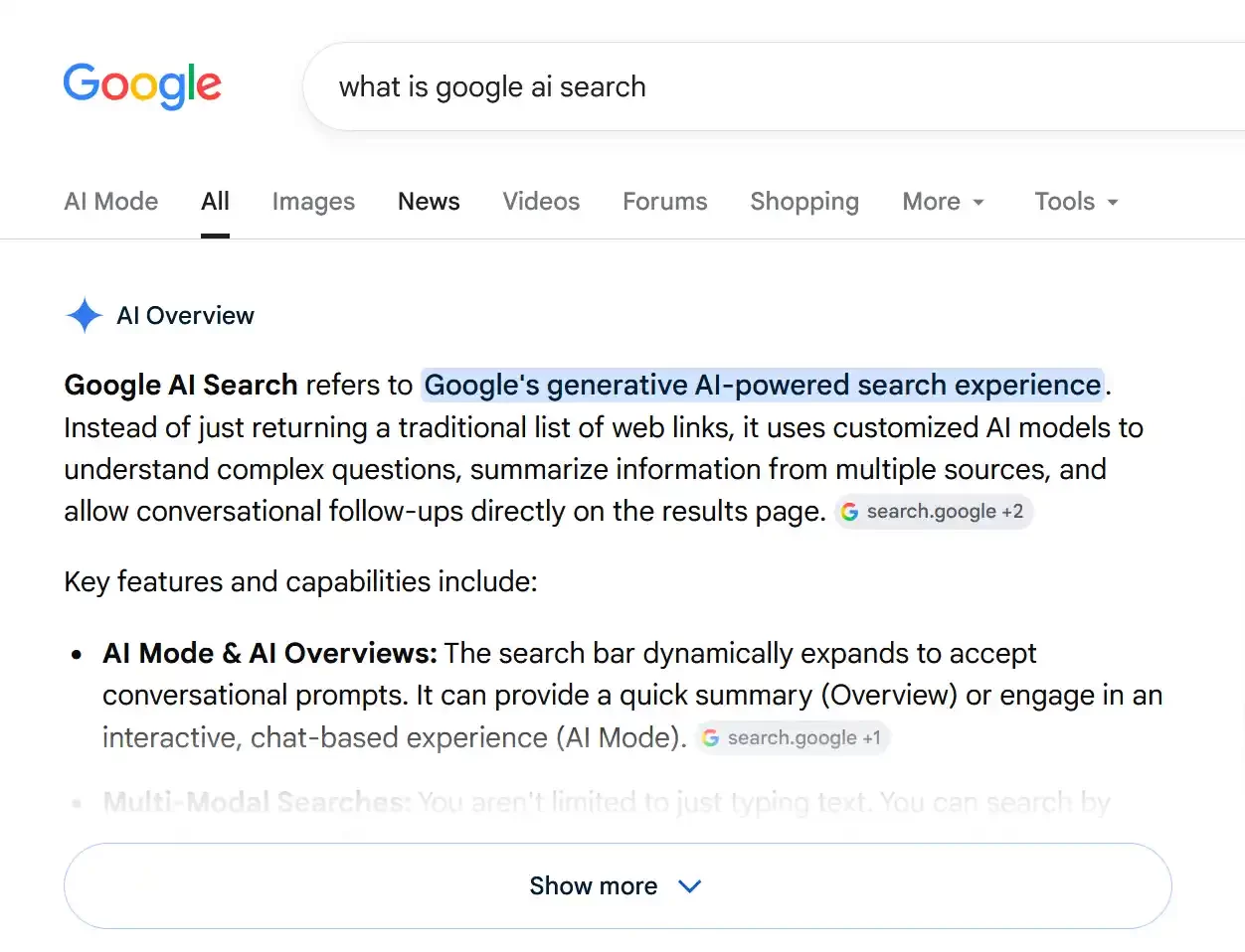 Google Gemini-powered AI search result