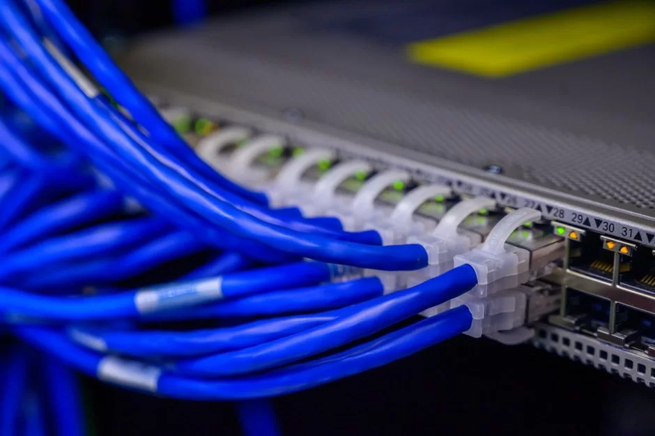 Multiple network cables connected to a network switch