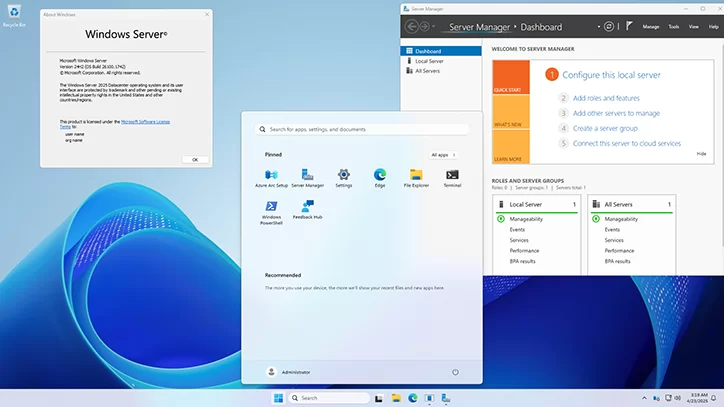 Windows Server 2025 işletim sistemi arayüzü ve sunucu logosu gösteren bir ekran görüntüsü