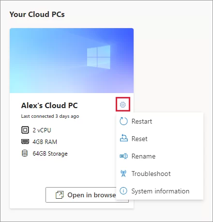Windows 365 bulut tabanlı PC hizmetini gösteren ekran görüntüsü